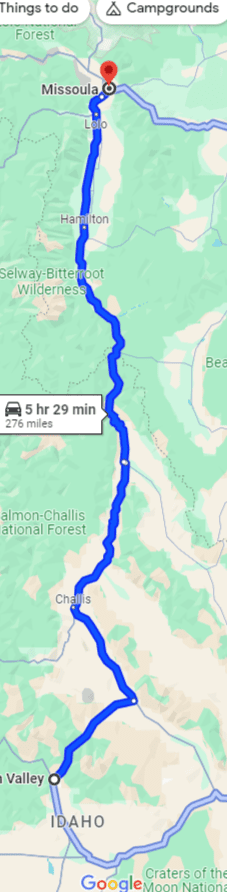 the google maps back route from Missoula to Sun Valley